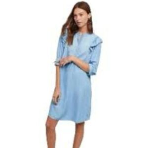 CLOTH & STONE FOR ANTHROPOLOGIE LONG SLEEVE CHAMBRAY DRESS WITH RUFFLE SIZE XS
